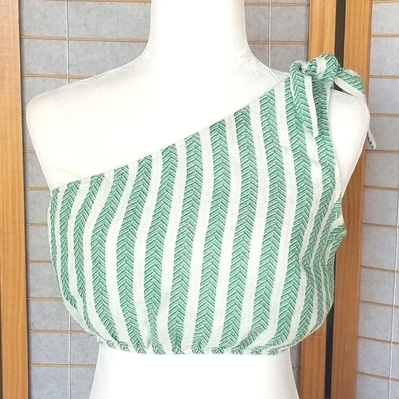 One-Shoulder Linen Blend Green Crop Top Size Small Quzu Stripes - Picture 1 of 9